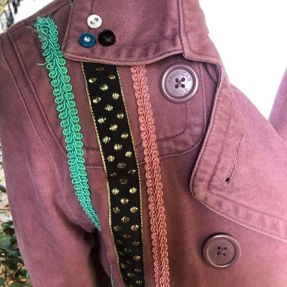 AEO AMERICAN EAGLE DUSTY ROSE VELVETEEN TASSEL EMBELLISHED OOAK PEACOAT SIZE S - Picture 11 of 12